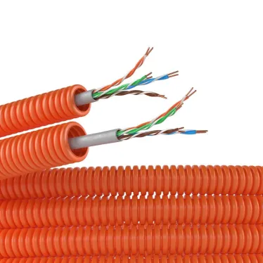 Электротруба ПНД гибкая гофрированная д. 16 мм, цвет оранжевый, с кабелем витая пара 5EU/UTP нг(А)-HF, 25 м