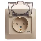 GLOSSA Розетка с заземлением со шторками с крышкой бежевая в сборе IP44