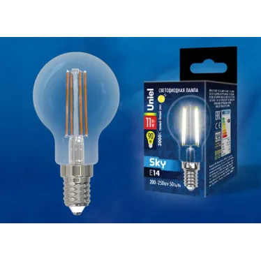 Лампа светодиодная. LED-G45-11W/3000K/E14/CL PLS02WH Форма шар, прозрачная. Серия Sky. Теплый белый свет (3000К). Картон. ТМ Uniel.