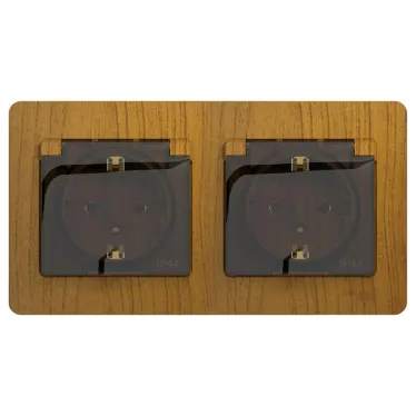 Розетка GLOSSA двойная с заземлением со шторками в сборе IP44 дуб