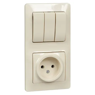Блок: розетка + выключатель трехклавишный бежевый