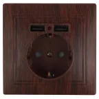 Розетка Intro Plano 1-410-10 с заземлением 2P+E Schuko со шторками, 16А-250В + 2хUSB 5В-2,1А, IP20, СУ, венге
