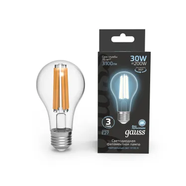 Лампа светодиодная Filament А70 30W 3100lm 4100К Е27 LED 1/10/40 | 102902230 | Gauss