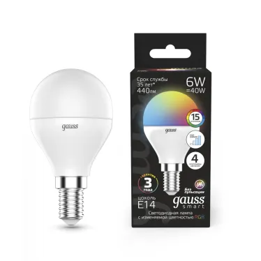Лампа светодиодная Smart LED Шар G45 6W E14 RGBW+dim 1/10/100 | 105101406 | Gauss