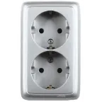 Розетка двойная наружная с заземлением со шторками с изоляционной пластиной серебро