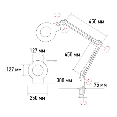 Лупа на струбцине , круглая, 5D, с подсветкой 72 LED, регулятор яркости, белая | 31-0532 | REXANT