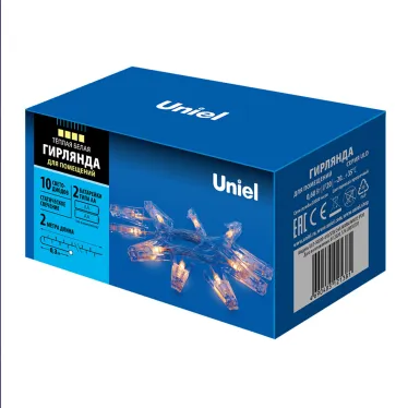 Гирлянда светодиодная  на эл.пит. 2AAПрищепки  ULD-S0200-010/STB/2AA WARM WHITE IP20 CLIPS   2м. 10 диодов 3000К шнур прозр. | UL-00005484 | Uniel