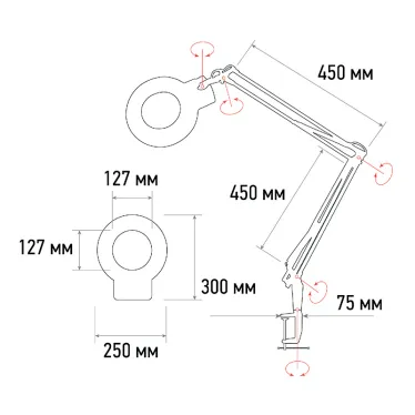 Лупа на струбцине , круглая, 5D, с подсветкой 96 LED, теплый и холодный свет, белая | 31-0535 | REXANT