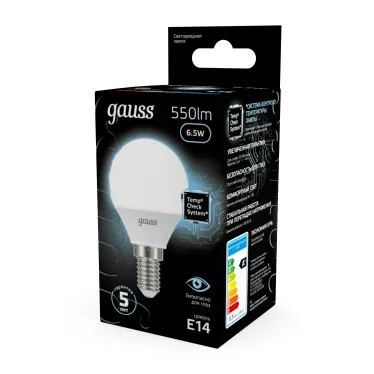 Лампа светодиодная LED 6,5Вт E14 220В 4100К шар | 105101207 | Gauss