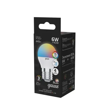 Лампа светодиодная Шар G45 6W E27 RGBW+димирование LED 1/100 | 105102406 | Gauss