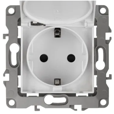 Розетка 2P+E Schuko со шторками с крышкой, 16A-250В, Эра12, белый, 12-2103-01