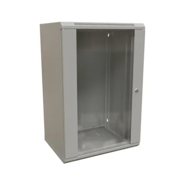 Шкаф настенный 19-дюймовый 19'' 22U 1086x600х450мм стеклянная дверь с перфорацией ручка с замком серый RAL 7035 WRline''