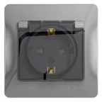 GLOSSA Розетка с заземлением со шторками с крышкой алюминий в сборе IP44