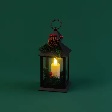 Декоративный фонарь со свечкой и шишкой, черный корпус, размер 10,7x10,7x23,5 см, цвет теплый белый | 513-047 | NEON-NIGHT