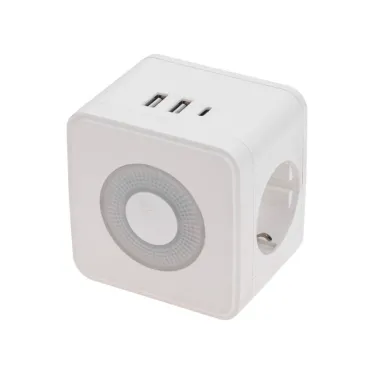 Двойник электрический Куб 16А с/з + 2хUSB-A 2,4А + USB Type-C 3А с ночной подсветкой, белый