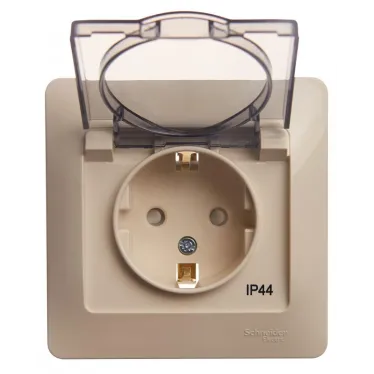 GLOSSA Розетка с заземлением со шторками с крышкой бежевая в сборе IP44