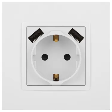 Розетка 2P+E 16A-250В, штор. с 2xUSB 5В-3А, Эра Elegance, белый 14-4109-01