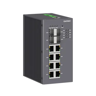 Промышленный управляемый коммутатор, с поддержкой PoE, 4х100Base-X, 1000Base-X, 10/100/1000Base-T(X) SFP слота, 8х10/100/1000Base-T(X) RJ45 PoE портов, 48В DC (18-57В DC), с резервированием