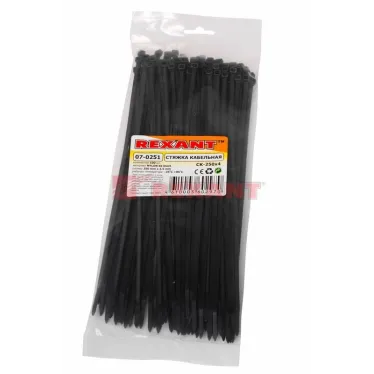 Хомут-стяжка кабельная нейлоновая 250x3,6 мм, черная, упаковка 100 шт, REXANT