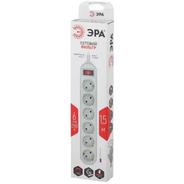 Сетевой фильтр (белый) с заземл, 3x0,75мм2, с выкл, 6гн, 1,5м USF-6es-1,5 м-W-BOX