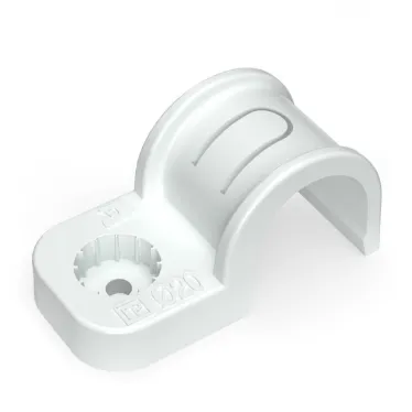 Крепеж-скоба пластиковая односторонняя для прямого монтажа белая в п/э д20 (50шт/600шт уп/кор)