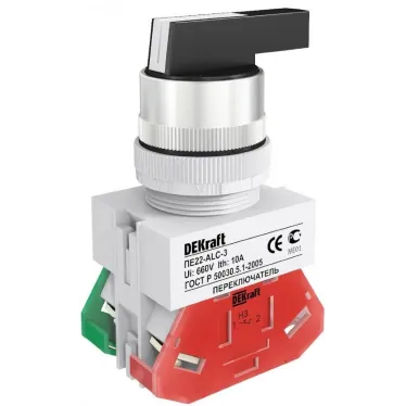 Переключатель на 3 пол.(прав. и лев. без фикс.) I-O-II станд. ручка (2НО) ACRL-3 22 мм 220В ПЕ-22 DEKra