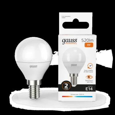 Лампа светодиодная LED 8 Вт 520 лм 3000К шар P45 теплый E14 AC 220В Elementary Gauss