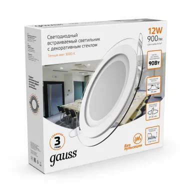 Светильник светодиодный круглый с декоративным стеклом,160х30, O118, 12W 3000K, 900лм | 947111112 | Gauss