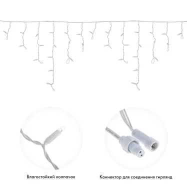 Гирлянда Айсикл (бахрома) светодиодный, 1,8 х 0,5 м, белый провод, 230 В, диоды белые, 48 LED | 255-025 | NEON-NIGHT