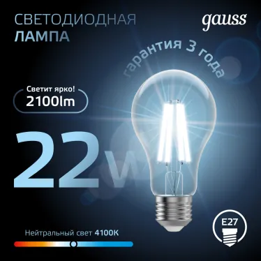 Лампа светодиодная Filament А70 22W 2100lm 4100К Е27 LED 1/10/40 | 102902222 | Gauss