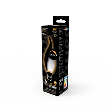 Лампа светодиодная Filament Свеча на ветру 9W 590lm 3000К Е14 milky диммируемая LED 1/10/50 | 104201109-D | Gauss