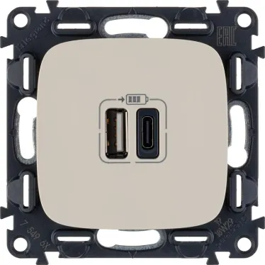 Valena ALLURE.Зарядное устройство с двумя USB-разьемами тип А-тип С 240В/5В 3000мА.С лицевой панелью.Цвет Слоновая кость