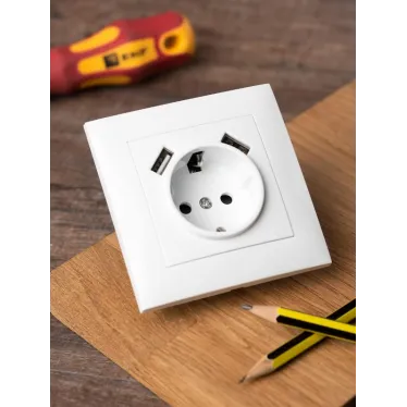 Валенсия розетка 1-местная с/з 16А белая с защ. штор. с 2 USB 2,1А