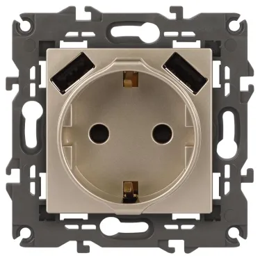 Розетка 2P+E 16A-250В, штор. с 2xUSB 5В-3А, Эра Elegance, шампань 14-4109-04