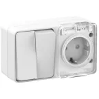 AtlasDesign Profi54 О/У БЛОК: розетка с заземлением со шторками 16А 250B, выключатель двухклавишный IP54 10А, БЕЛЫЙ, Россия