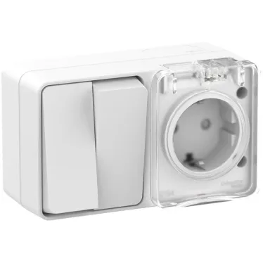 AtlasDesign Profi54 О/У БЛОК: розетка с заземлением со шторками 16А 250B, выключатель двухклавишный IP54 10А, БЕЛЫЙ, Россия