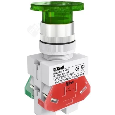 Выключатель кнопочный ВK-22 AELA диам. 22мм грибовидный зеленый неон 220В