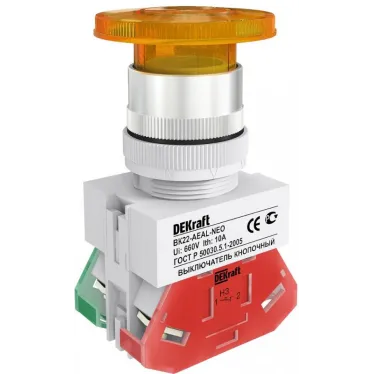 Кнопка AEAL 22мм грибовидная с фиксацией желтая неон 220В