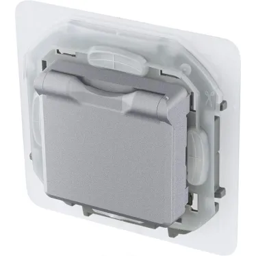 Розетка 2К+З IP 44 с откидной крышкой и шторками немецкий стандарт 16 А 250 В~ INSPIRIA алюминий