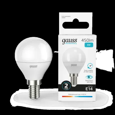 Лампа светодиодная LED 6 Вт 450 лм 4100К шар P45 нейтральный E14 AC 220В Elementary Gauss