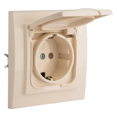 Розетка Минск 1-местная СП с заземлением с крышкой 16А бежевая с защитными шторками IP44