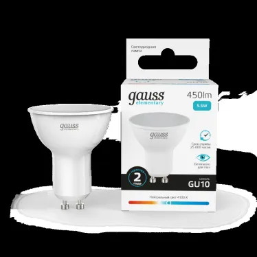 Лампа светодиодная LED 5.5 Вт 450 лм 4100К софит MR16 нейтральный GU10 AC 220В Elementary Gauss