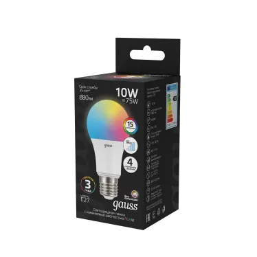 Лампа светодиодная A60 10W E27 RGBW+димирование LED 1/50 | 102102410 | Gauss