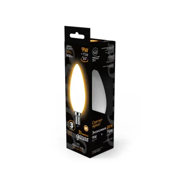Лампа светодиодная Filament Свеча 9W 590lm 3000К Е14 milky LED 1/10/50 | 103201109 | Gauss