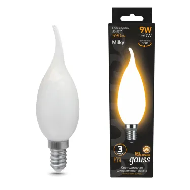 Лампа светодиодная Filament Свеча на ветру 9W 590lm 3000К Е14 milky LED 1/10/50 | 104201109 | Gauss