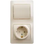 Блок: розетка с заземлением со шторками + выключатель одноклавишный бежевый