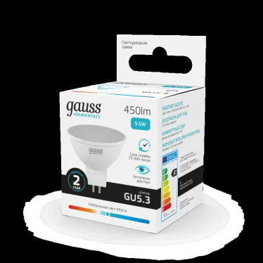 Лампа светодиодная LED 5.5 Вт 450 лм 4100К софит MR16 нейтральный GU5.3 AC 220В Elementary Gauss