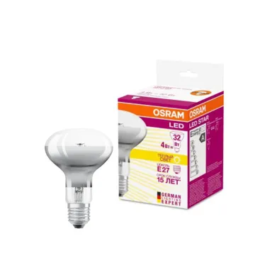Лампа светодиодная LED 4Вт Е27 STAR R80 (замена 32Вт), теплый белый свет Osram
