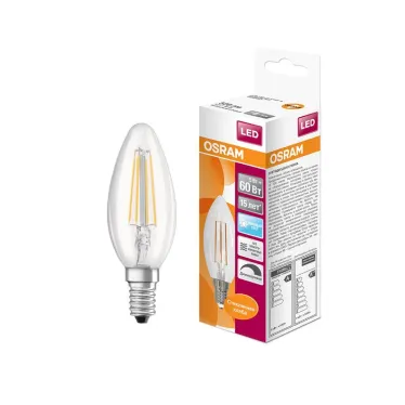 Лампа светодиодная LED 5Вт E14 CLB60D белый, Filament диммируемая,прозр.свеча OSRAM