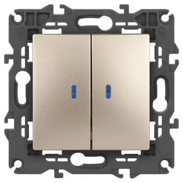 Выключатель двойной с подсветкой, 10АХ-250В, Эра Elegance, шампань,14-1105-04